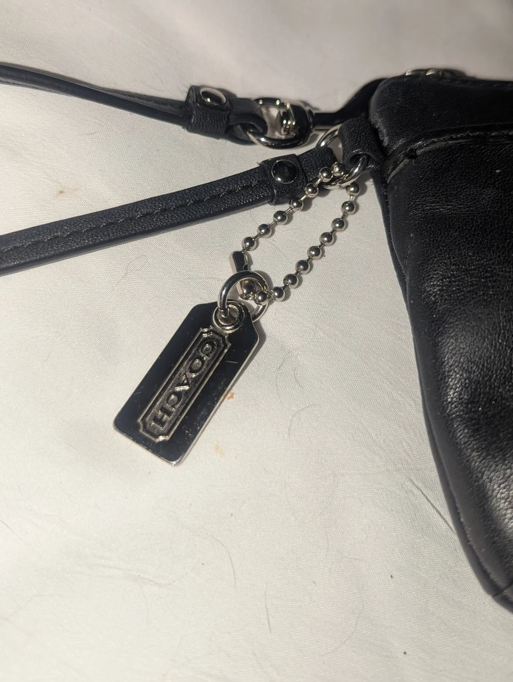 Coach Black Leather Wristlet Clutch with Logo Charm